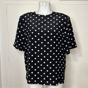 Vintage 80s Smooth Premier Silk Black Tan Polka Dot Short Sleeve Blouse